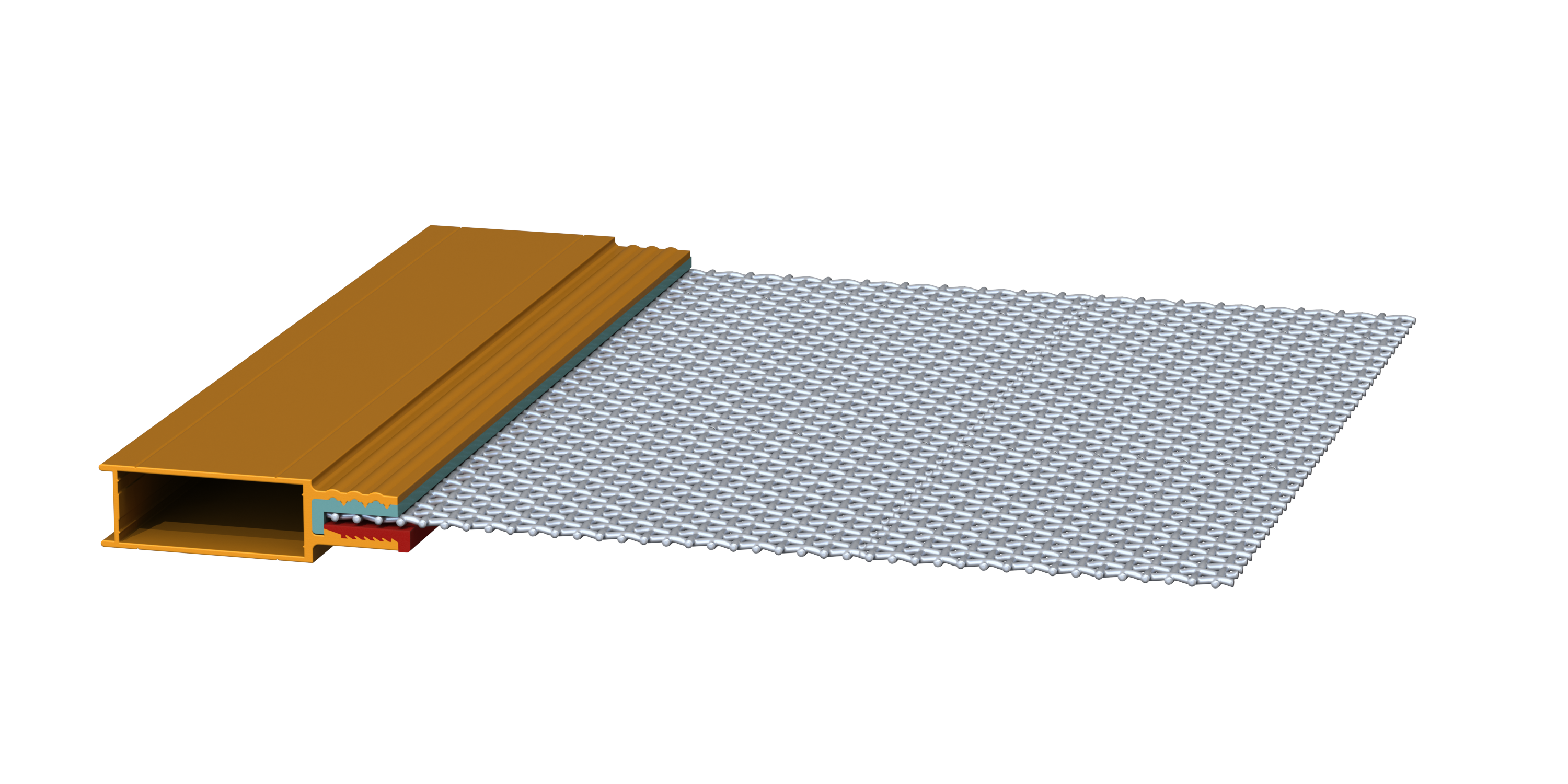 ScreenGuard mesh cross-section diagram showing stainless steel mesh, aluminium frame, L-seat and PVC wedge